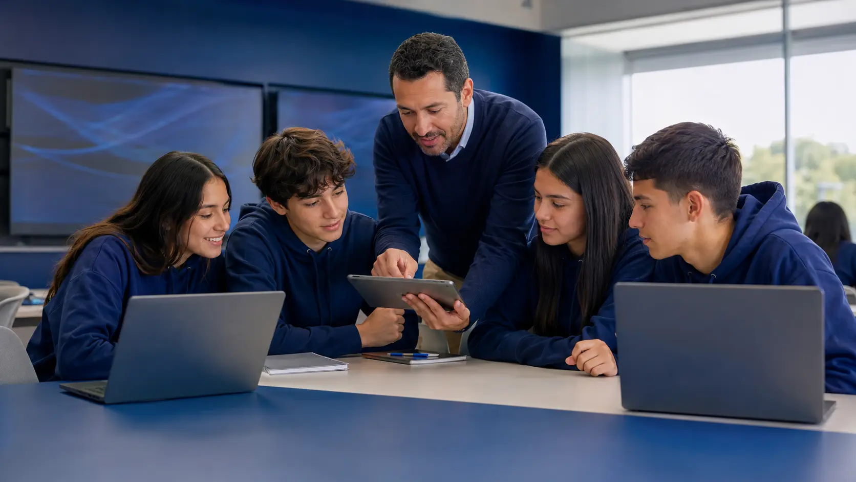 Docente y estudiantes consultando información escolar con HAMO314